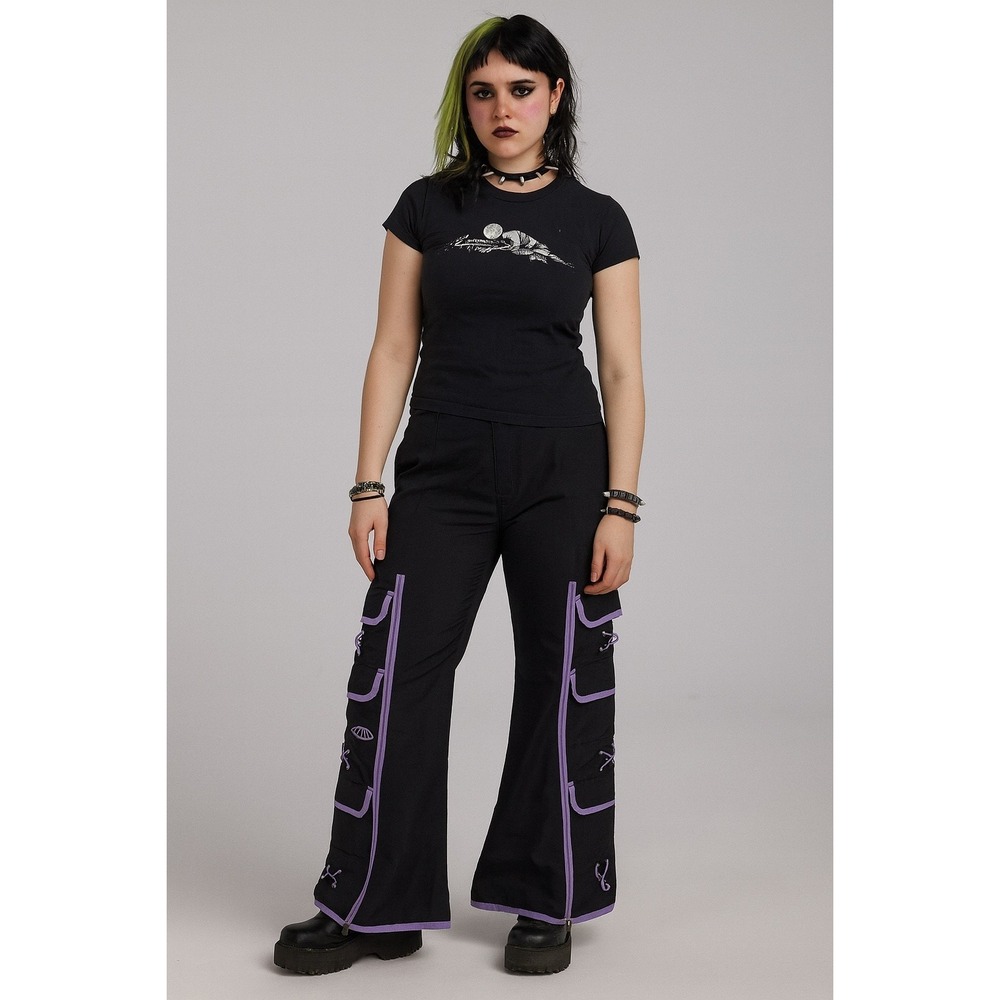 Vintage Y2K MacGirl Cargo Pants Flare Zip‎ Black Purple Size 11 Rave Streetwear